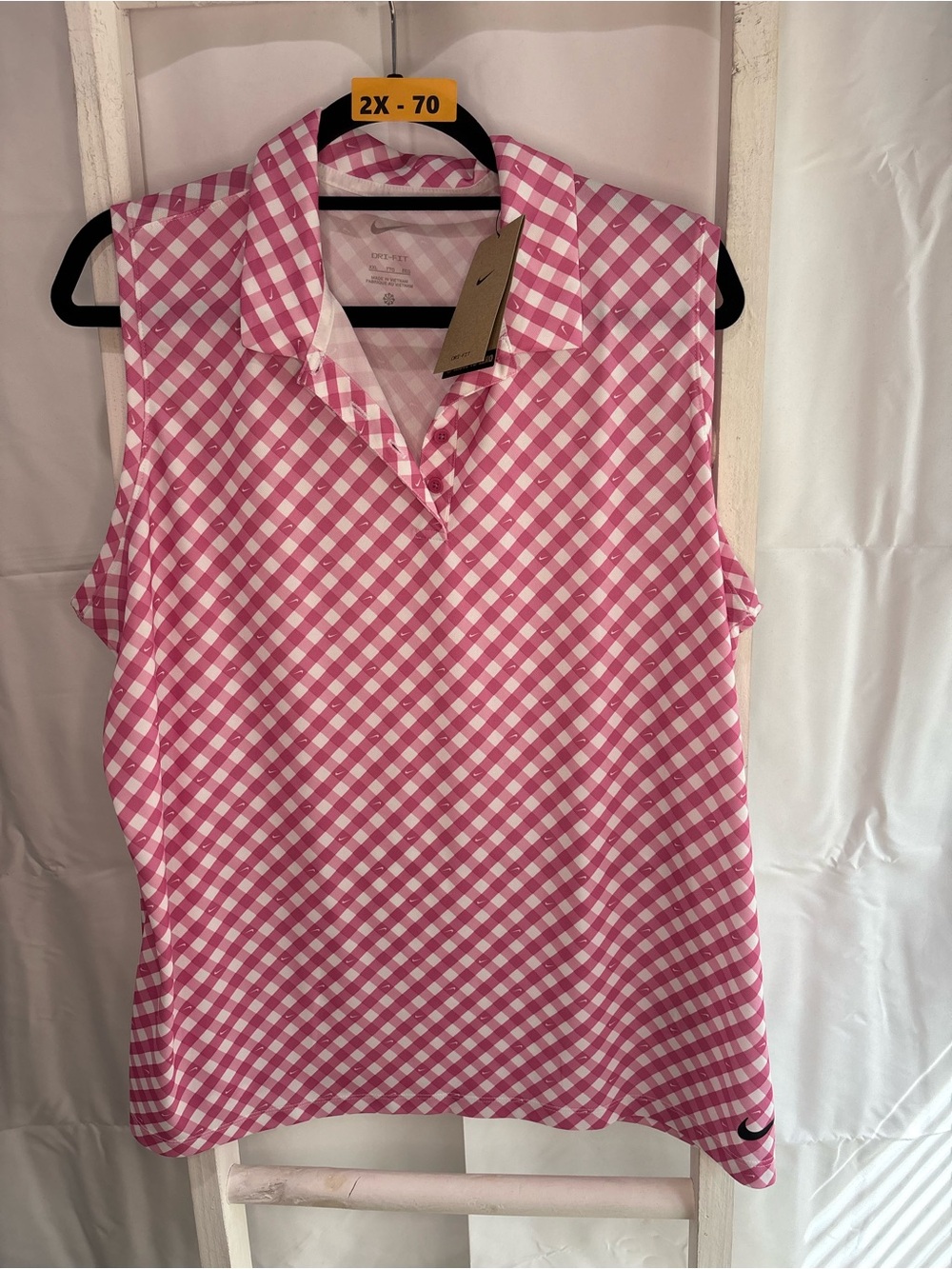 Nike Women’s Pink and White Gingham Sleeveless Polo Tank